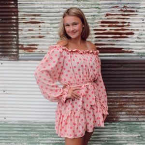 PLT POLKA DOT BARDOT TIE WAIST SHIFT DRESS